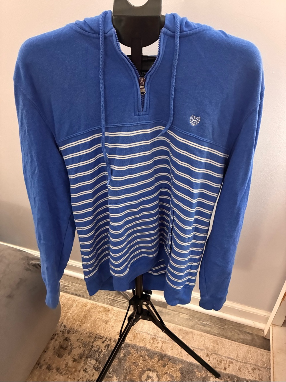 Chaps Blue and White Striped Half-Zip Hoodie Sweater